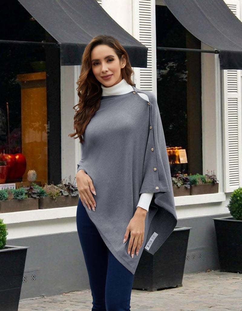 PULI Women's Versatile Knitted Shawls Scarf Poncho Sweater with Buttons Lightweight Spring Summer Fall Wraps slate gray - Image 2